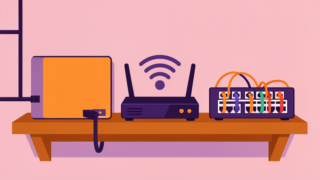 Three boxes on a shelf: a modem (plain, wall cable), a router (antennas, Wi-Fi), and a switch (many ports)