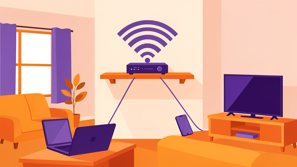 Router on a high shelf, central in the living room, with Wi-Fi reaching devices throughout the home