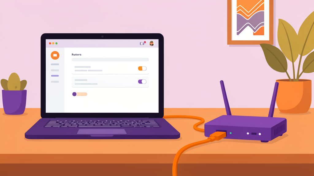 A laptop showing a router settings page, connected by Ethernet to the router