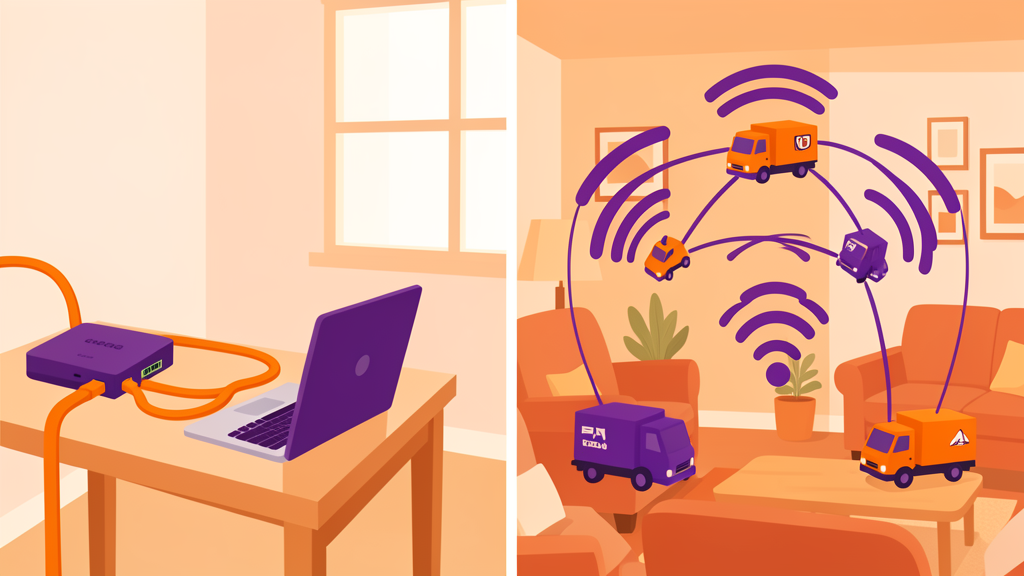 Wired Ethernet (left) is a direct cable to your laptop — fast and reliable. Mesh Wi-Fi (right) uses nodes working together like delivery vans.